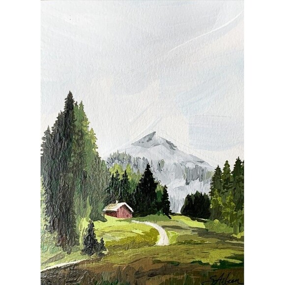 Original Painting Landscape Mountain Cabin Pine Trees Impressionist Signed 5x7 - Picture 1 of 4